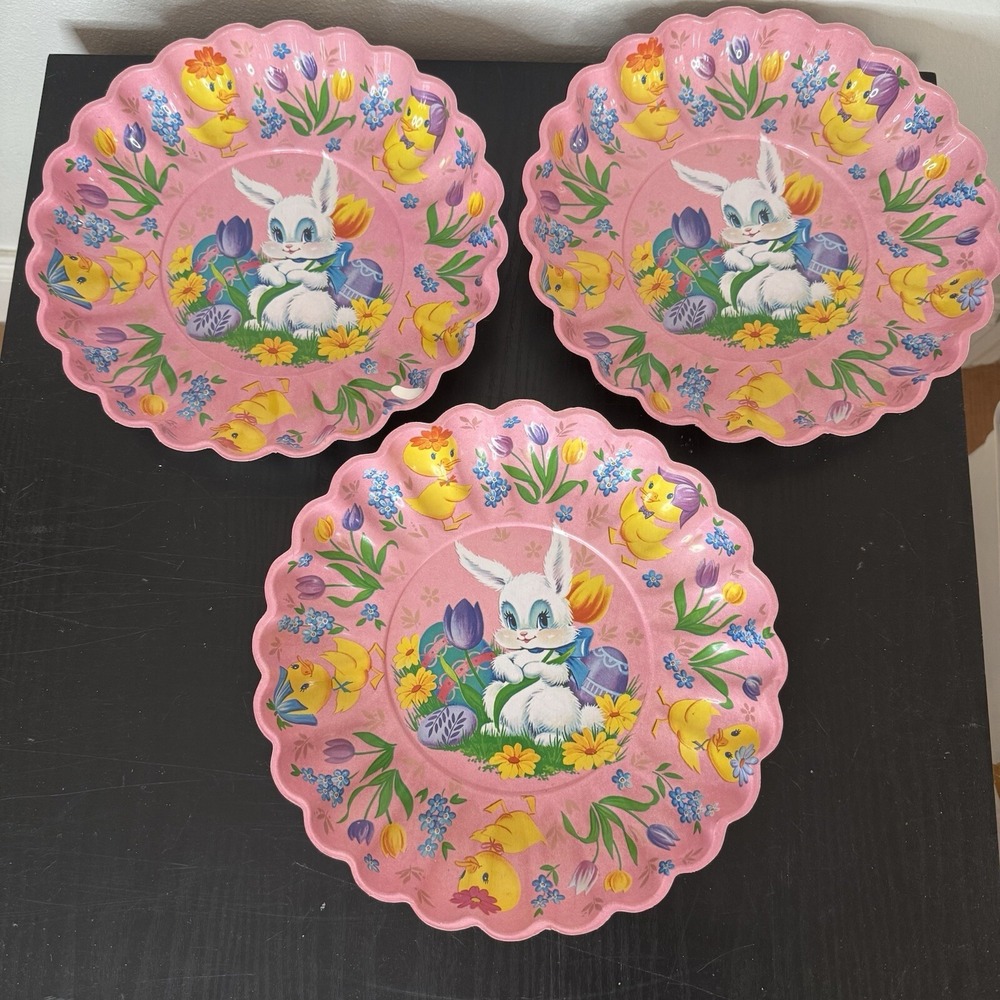 RARE VTG Toys-R-Us Pink Scalloped Easter Tray Bunny Chicks Lot Of 3